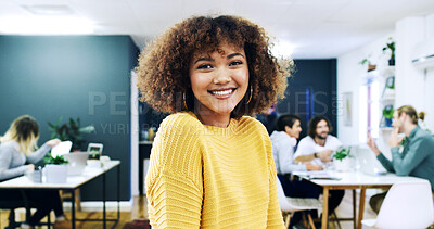 Buy stock photo Portrait, confident or woman with smile in creative agency, film industry career or screenplay intern. Story opportunity, happy or writer with ambition for plot development, pride or media startup
