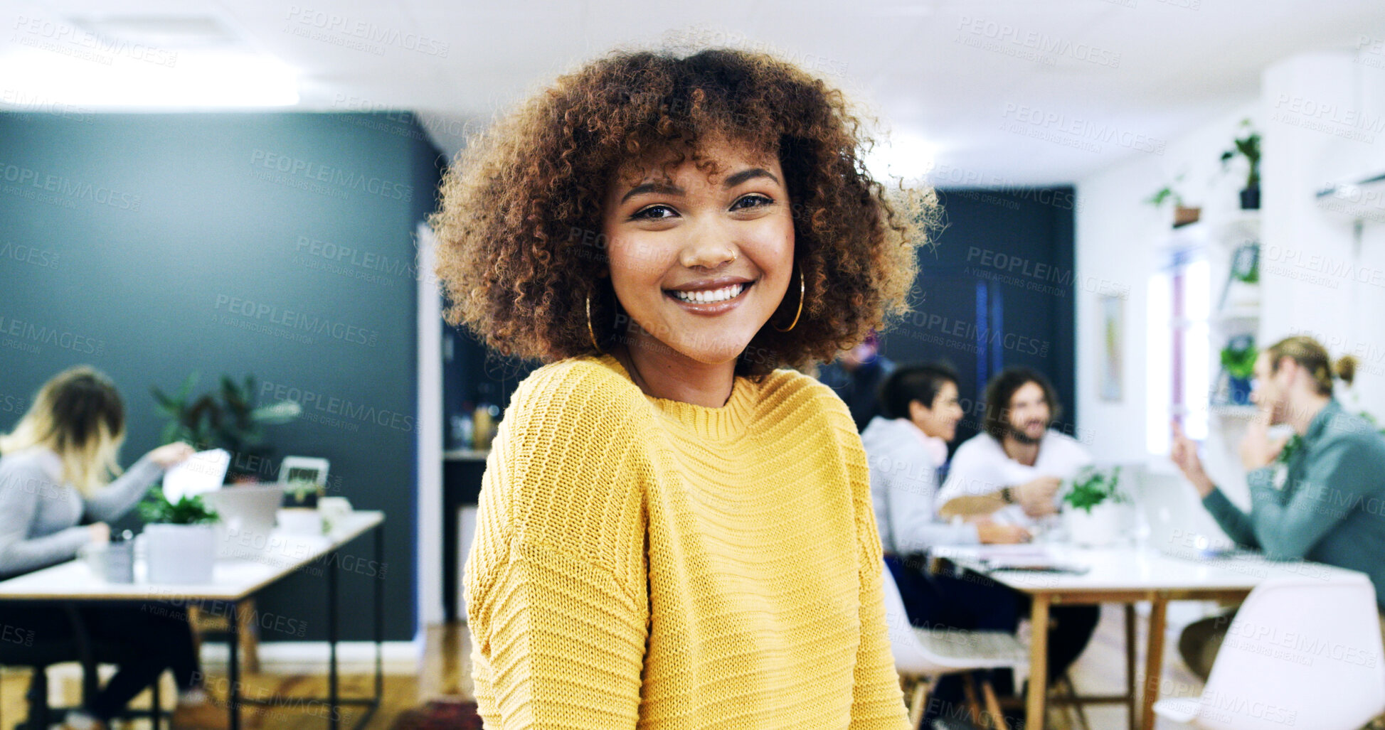 Buy stock photo Portrait, confident or woman with smile in creative agency, film industry career or screenplay intern. Story opportunity, happy or writer with ambition for plot development, pride or media startup