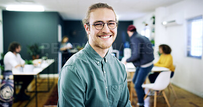 Buy stock photo Portrait, confident or man with smile in creative agency, movie industry job or screenplay intern. Story opportunity, happy or writer with ambition for film plot development, pride or media startup