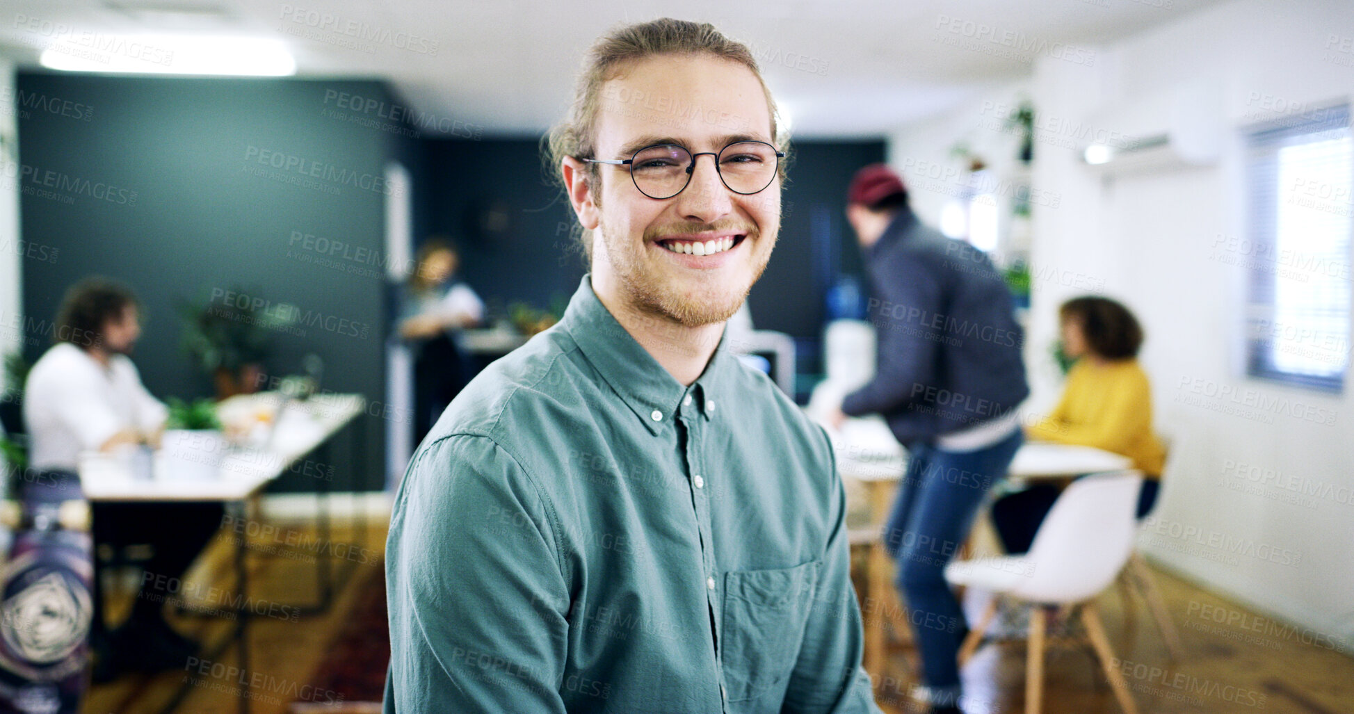 Buy stock photo Portrait, confident or man with smile in creative agency, movie industry job or screenplay intern. Story opportunity, happy or writer with ambition for film plot development, pride or media startup