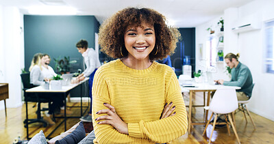Buy stock photo Portrait, smile or woman with arms crossed in creative agency, film industry job or screenplay intern. Story opportunity, happy or writer with ambition for plot development, pride or media startup