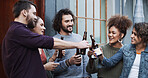 Beer, toast and work friends at office together for bonding, celebration or collaboration. Cheers, connection and milestone in business with group of people at workplace for achievement of goals