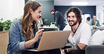 Discussion, meeting and people with laptop in creative agency, homepage planning and domain update. Site optimization, talk and designer team with idea for web page navigation, pc and typography tips
