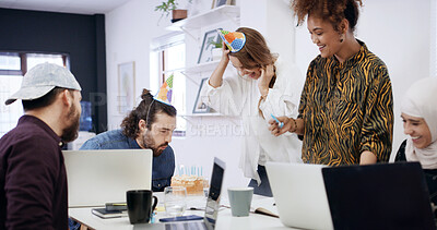 Buy stock photo Happy, birthday and people in office for celebration, congratulations or party in creative team. Blowing, candles and colleagues with laugh, support and cake for workplace culture, fun and business