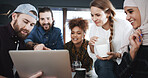 Happy, business people and laptop with food for creative development, meeting or project in office. Group, team or graphic designers with computer or meal for collaboration or brainstorming together