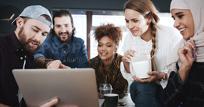 Buy stock photo Happy, business people and laptop with food for creative development, meeting or project in office. Group, team or graphic designers with computer or meal for collaboration or brainstorming together