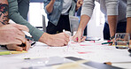 Business people, hands or planning with team or mindmap for project brainstorming or ideas in office. Group, colleagues or creative employees writing with documents for design strategy in workplace