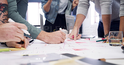 Buy stock photo Business people, hands or planning with team or mindmap for project brainstorming or ideas in office. Group, colleagues or creative employees writing with documents for design strategy in workplace