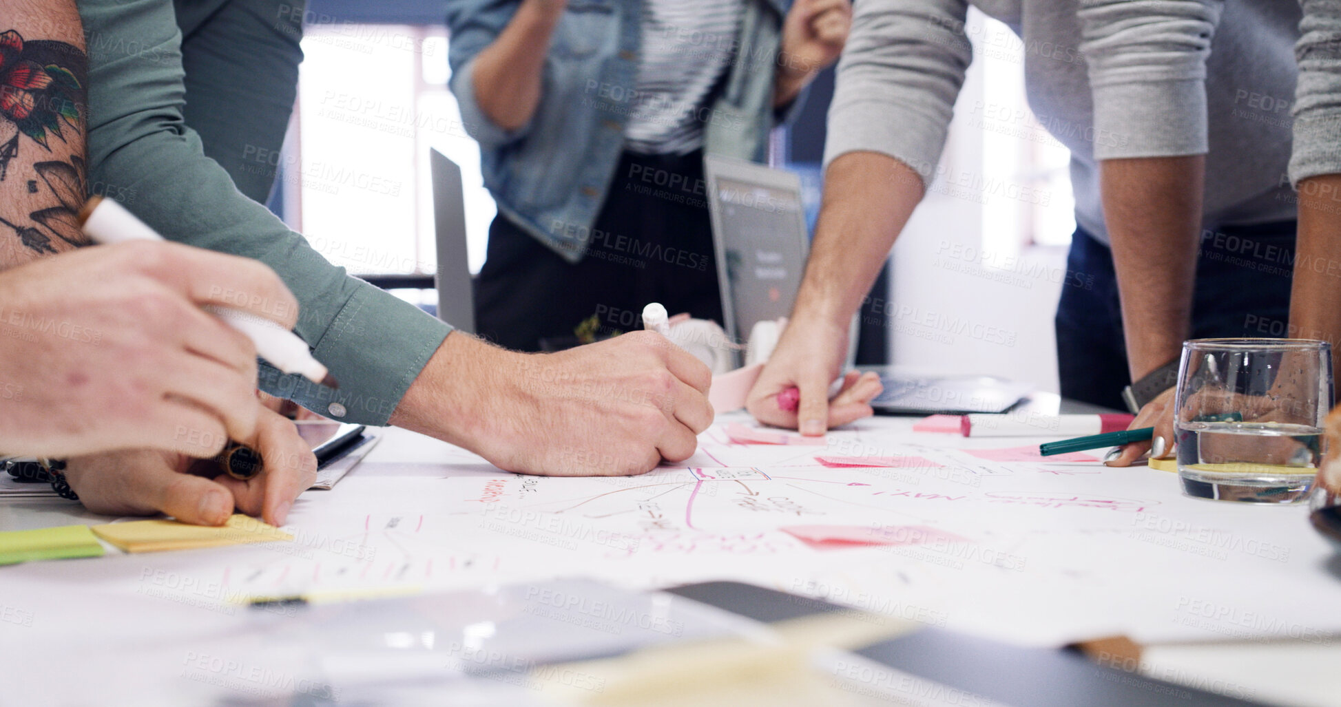 Buy stock photo Business people, hands or planning with team or mindmap for project brainstorming or ideas in office. Group, colleagues or creative employees writing with documents for design strategy in workplace