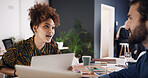 Planning, meeting and woman with laptop in creative agency, homepage discussion and domain update. Site optimization, talking or designer team with idea for web page navigation, pc or typography tips