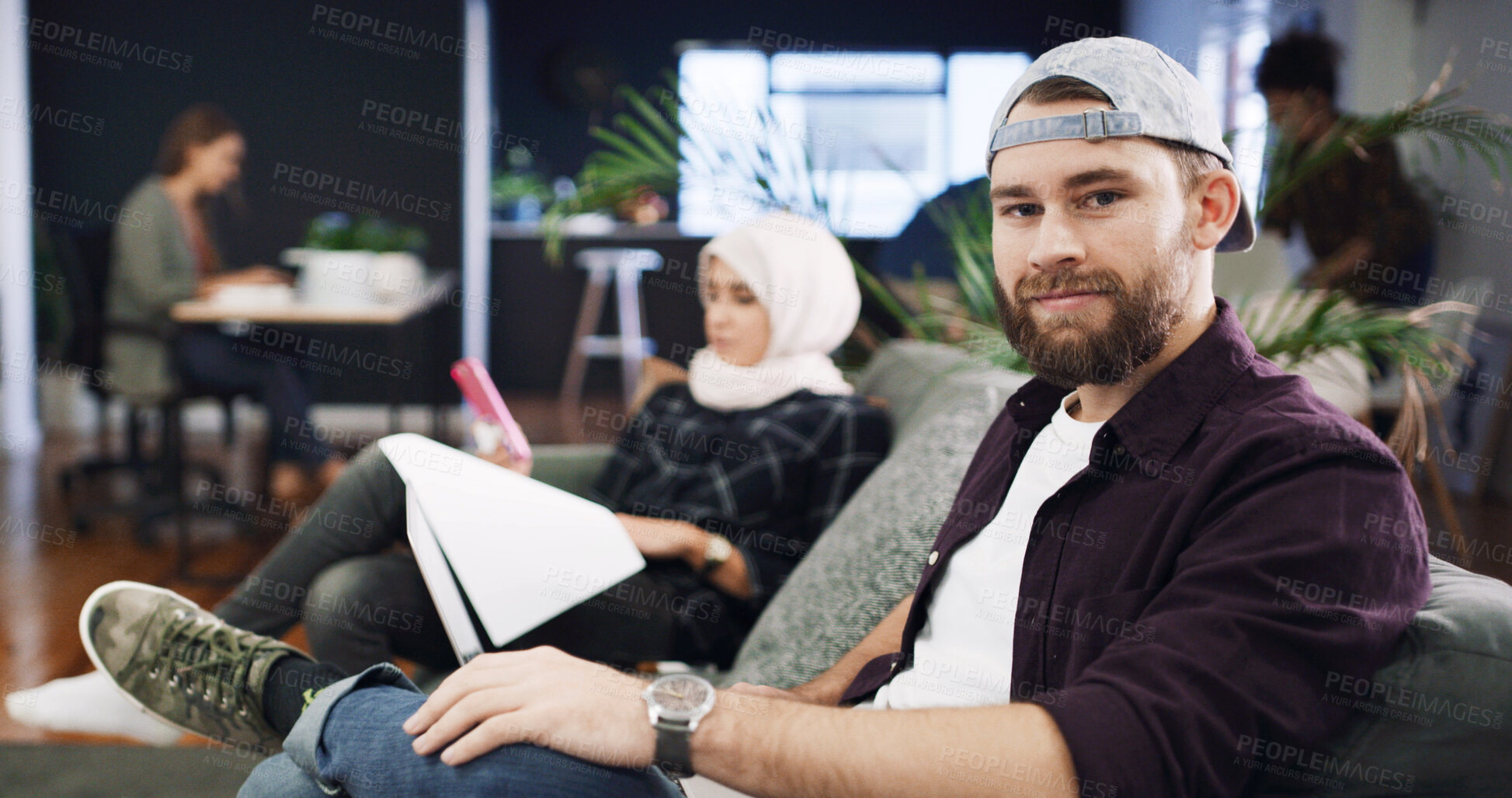 Buy stock photo Creative, portrait or man in agency with laptop, opportunity or pride in advertisement industry. Happy, coworking or branding director with tech, career growth or confidence in marketing office.