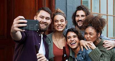 Buy stock photo Smile, friends and silly with selfie at house for photography, social media post and bonding. Happy, people and laugh with goofy expression, profile picture update and capture moment of get together