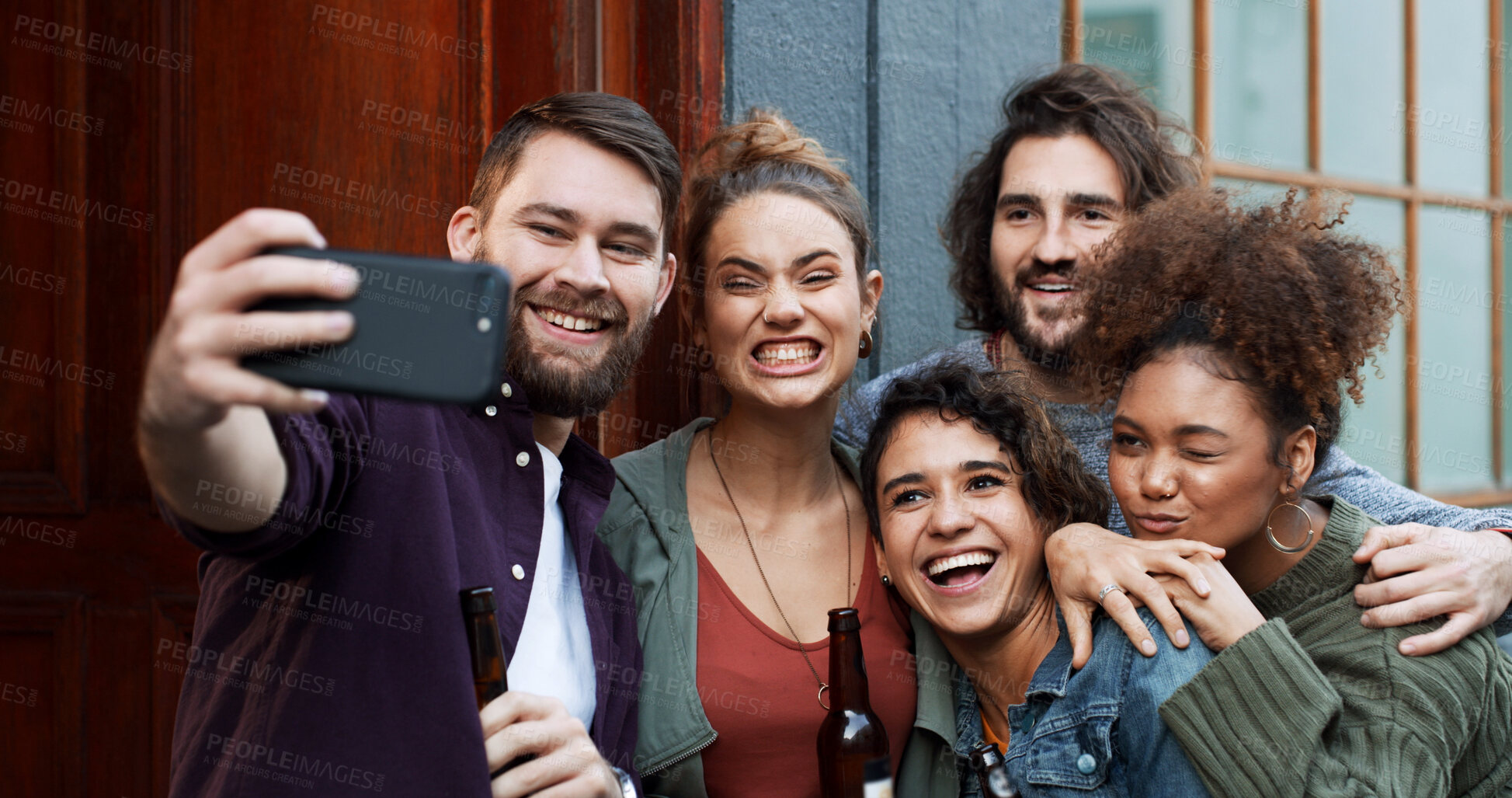 Buy stock photo Smile, friends and silly with selfie at house for photography, social media post and bonding. Happy, people and laugh with goofy expression, profile picture update and capture moment of get together
