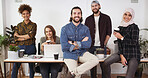 Creative, happy people or portrait with team for design agency, about us or development in office. Group, employees or graphic designer with smile, arms crossed or confidence for digital marketing