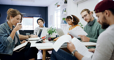 Buy stock photo Creative, business people or team with documents in office for project development or design agency. Group, employees or colleagues busy with paperwork for planning, tasks or agenda in workplace