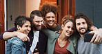 Smile, friends and hug with selfie at house for photography, social media post and group reunion. Happy, people and laughing with embrace, profile picture update and gathering memory of weekend break