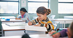 Writing, education and exam with kids in classroom for test, child development and knowledge. Thinking, notebook and lesson with students on school campus for learning, curriculum and study course