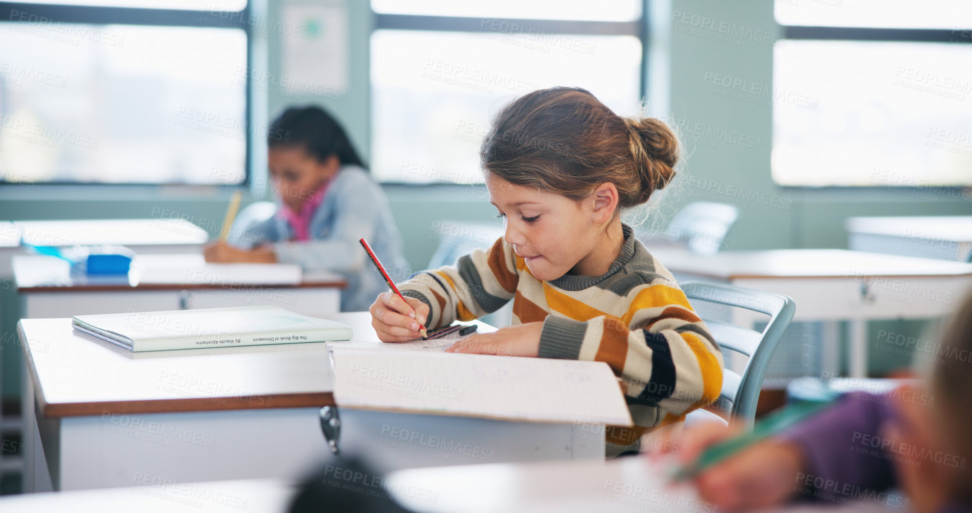 Buy stock photo Writing, education and exam with kids in classroom for test, child development and knowledge. Assessment, notebook and lesson with students on school campus for learning, curriculum and study course