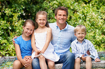 Buy stock photo Dad, children and portrait in park with love, parent care and hug on fathers day. Man, happy and outdoor with kids for family relationship, support and wellness with appreciation for connection