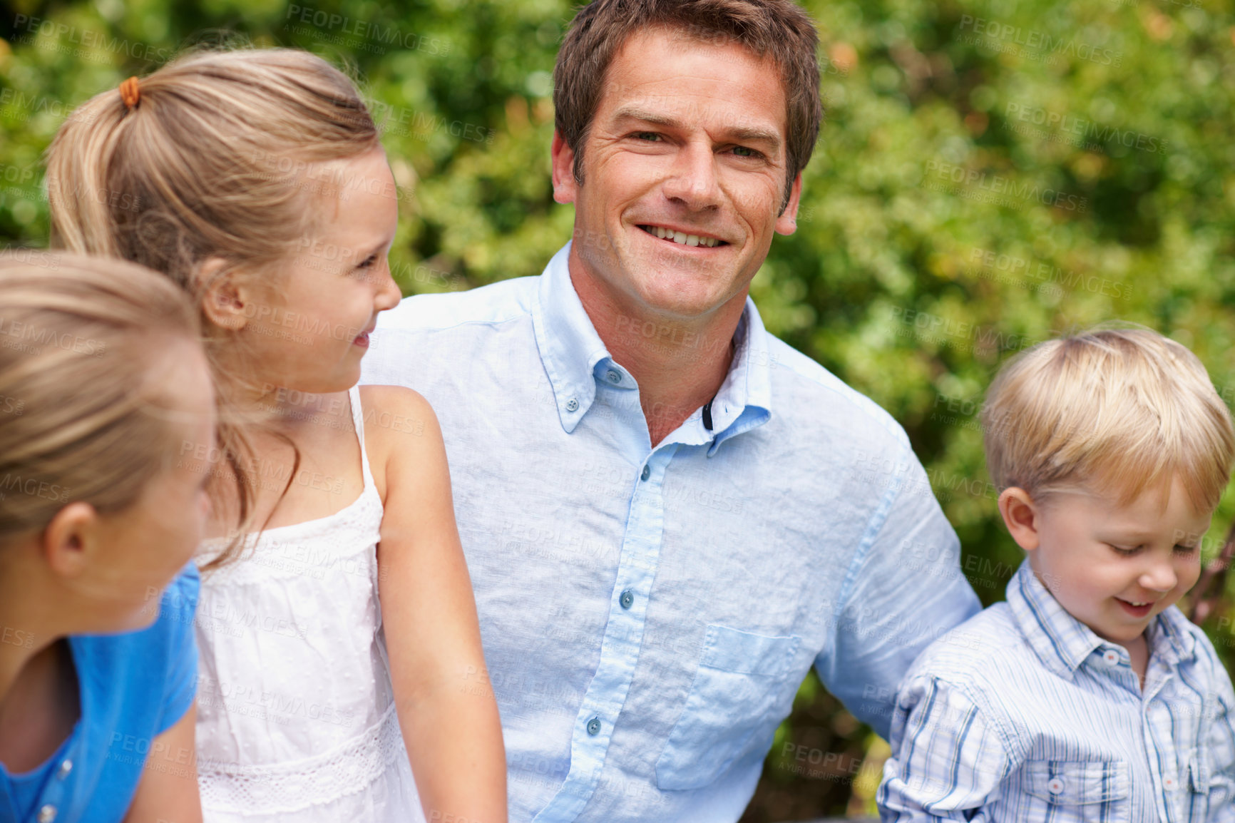 Buy stock photo Dad, children and happy in garden with love, parent care and bonding on fathers day. Man, portrait and outdoor with kids for family relationship, support and wellness with appreciation for connection