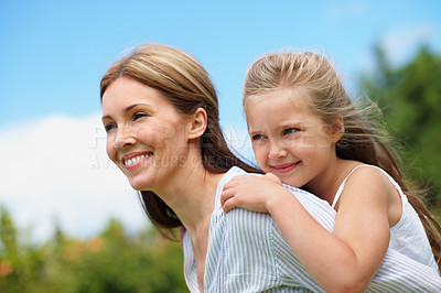 Buy stock photo Mother, girl and piggyback with smile outdoor for bonding, family time or love in backyard. Nature park, happy and relationship with people together for growth, security or trust as parent and kid
