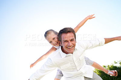 Buy stock photo Portrait, father and flying with child in air for fun activity, airplane games and summer holiday. Space, below and fantasy travel with family, piggyback and weekend break on vacation trip in nature