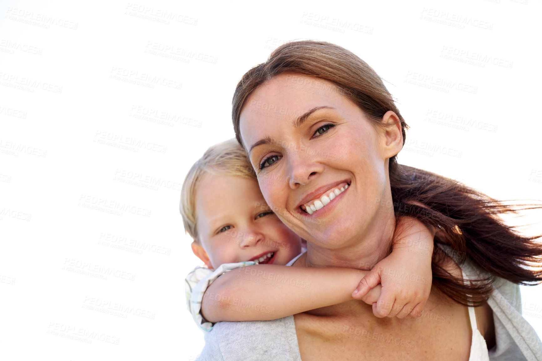 Buy stock photo Portrait, mother and piggyback with son outdoor for love, parent support and bonding together. Space, smile and woman with kid for affection, family connection and playful activity on vacation trip