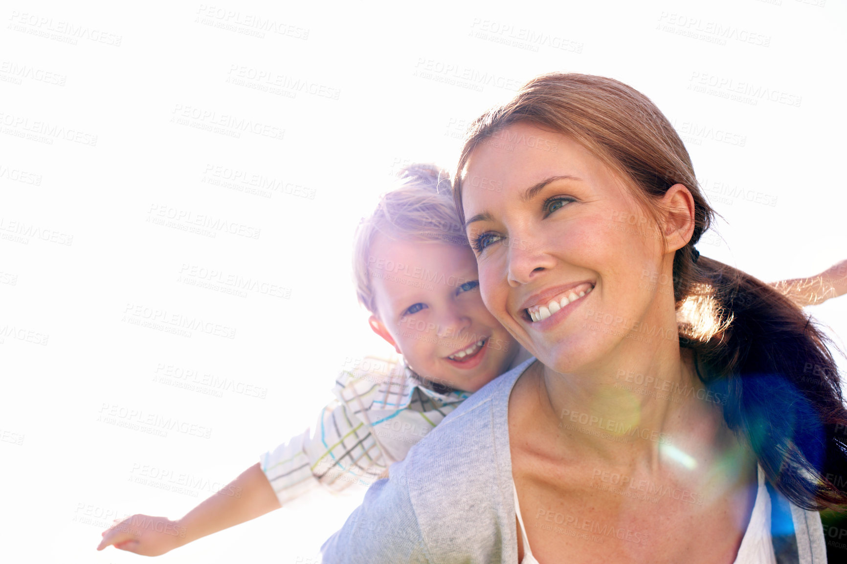 Buy stock photo Mother, boy and airplane with smile outdoor for bonding, family time or love with space. Support, low angle and relationship with people together for growth, security or trust as parent and child