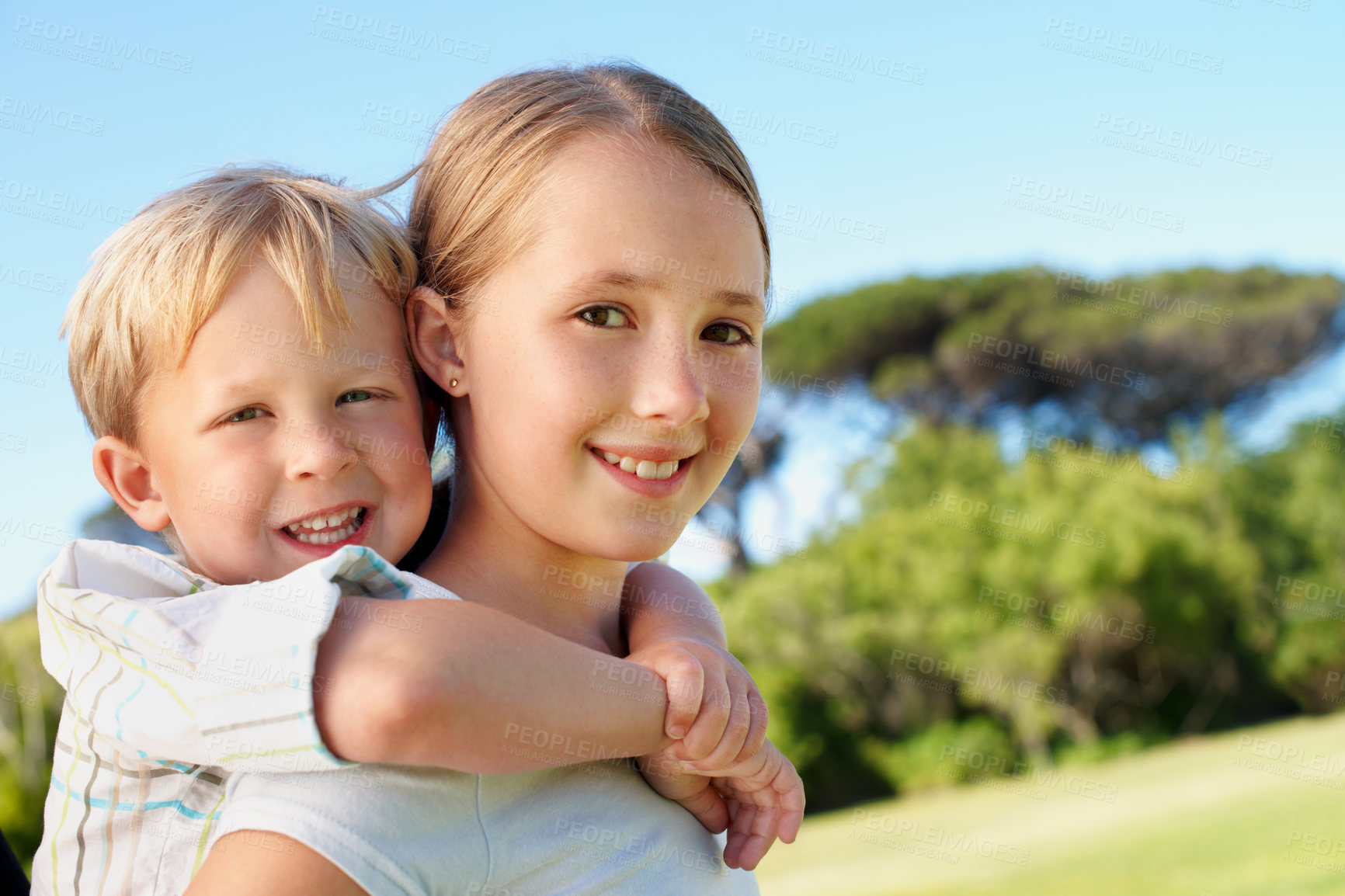 Buy stock photo Portrait, children and piggyback in park with siblings for travel, pretend game and holiday adventure. Happiness, kids and carrying brother for support, excited and vacation with space in Canada