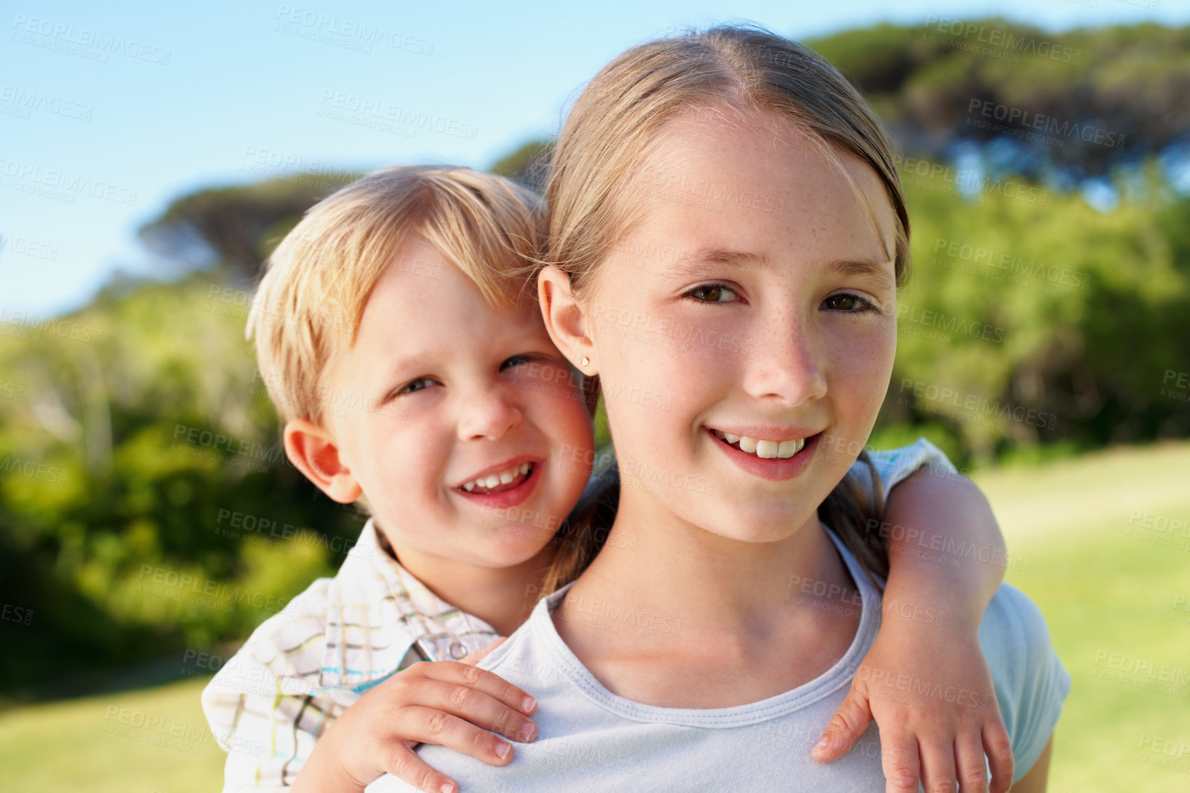 Buy stock photo Smile, kids and piggyback outdoor with siblings for travel, pretend play and holiday adventure. Portrait, children and carrying brother for support, playful games and family interaction on vacation