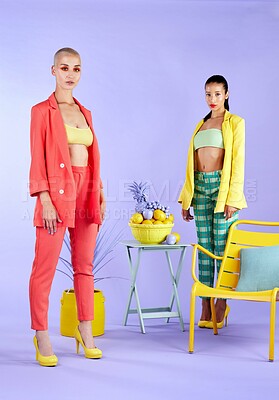 Buy stock photo Portrait, friends or women with fashion in studio, artistic style or bold colors for trendy clothes. Unique, creative or people with chic aesthetic for wardrobe, vibrant makeup or purple background