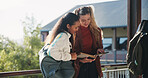 Education, reading and talking with student friends outdoor on campus for recess at college. Conversation, book and learning with women on break at university for information, knowledge or study
