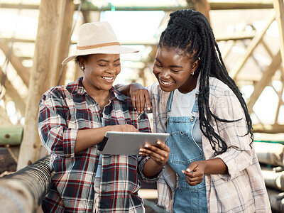 Buy stock photo Black people, tablet and agriculture with inspection, happy with growth or digital report in quality assurance. Production, farming and female farmer team for agro development, tech and progress