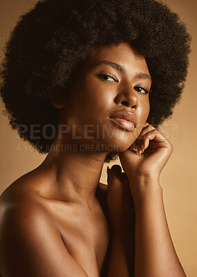 Buy stock photo Skincare, portrait and woman with glow in studio for natural beauty, dermatology and skin radiance. Afro, black person or confidence on brown background for acne treatment results, self care or shine