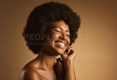 Buy stock photo Skincare, woman and happy with glow in studio for natural beauty, dermatology and skin radiance. Afro, black person and confidence on brown background for acne treatment results, wellness and space