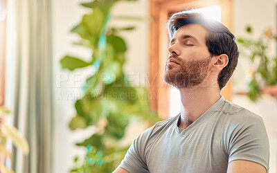 Buy stock photo Man, breathing and yoga with meditation at house for fitness, spiritual healing and mindfulness. Male person, yogi and inner peace with eyes closed, holistic balance and practice chakra for self care