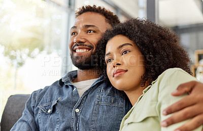 Buy stock photo Couple, smile and relax in home with hug for bonding, connection and trust in marriage. Embrace, calm and happy together with African people in house for commitment, support and cuddle for love