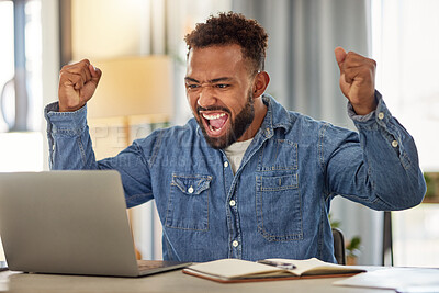 Buy stock photo Celebration, fist pump and man with laptop in home office for success, website or design approval. Freelance, graphic designer and happy person with tech for remote work, good news and excited