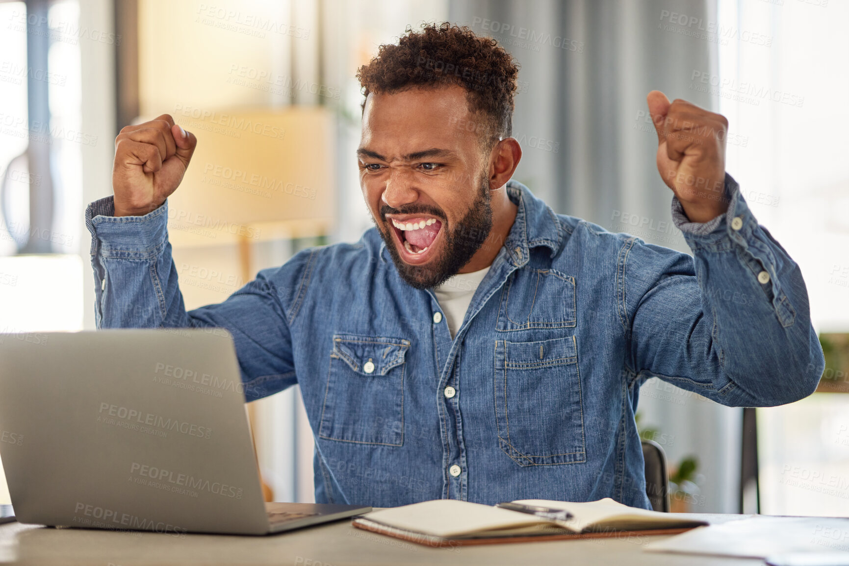 Buy stock photo Celebration, fist pump and man with laptop in home office for success, website or design approval. Freelance, graphic designer and happy person with tech for remote work, good news and excited