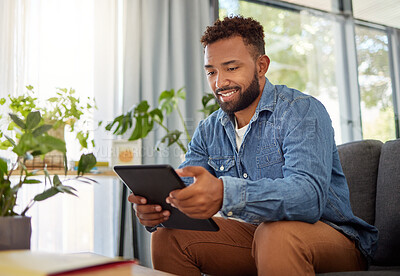Buy stock photo Relax, man and smile with tablet on sofa for playing web puzzle, download game or weekend break. Living room, happy african person or tech in home for online gaming, gambling app or browsing internet