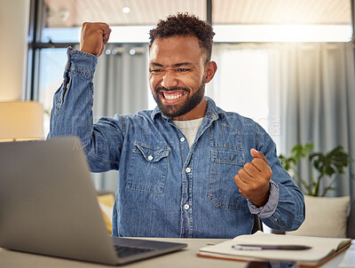 Buy stock photo Celebration, fist pump and man with laptop in house for success, website or design approval. Freelance, graphic designer and happy person with tech in home for remote work, good news and excited