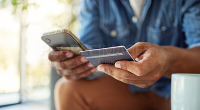 Buy stock photo Credit card, hands and man with phone for banking app, payment and online shopping in home. House, couch and male person with digital tech for debit details, ecommerce and platform subscription
