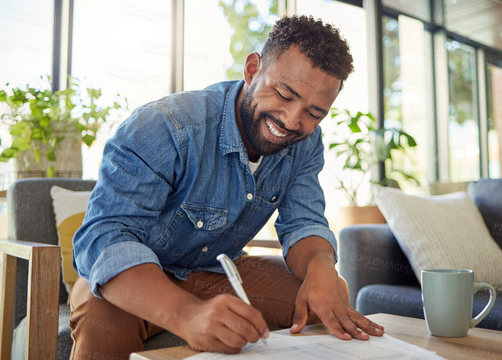 Buy stock photo Smile, paperwork and man with signature in home for insurance policy, title deed or agreement. Sign up, person and writing on legal document for loan application, compliance or settlement deal
