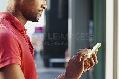 Buy stock photo Hands, phone and man in city for travel app, navigation and online search for destination info. Mobile, urban town and person with digital notification, update and internet connection for directions