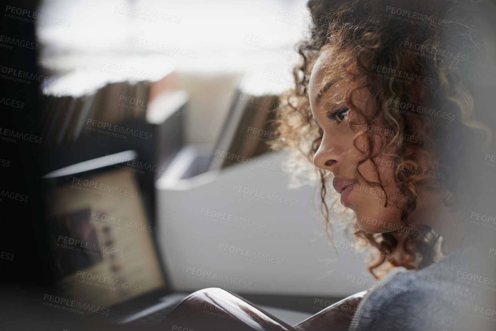Buy stock photo Creative, laptop and woman with guitar in home, songwriting and practice with social media tutorial. Musician, online and person with instrument for music, learning and skill development in house