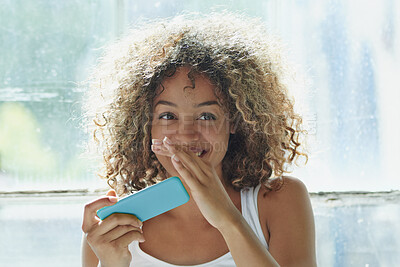 Buy stock photo Laugh, happy and woman with phone for communication, chat and update of holiday or weekend. Summer, excited and person on mobile app for connection, internet or social media with humor or funny story