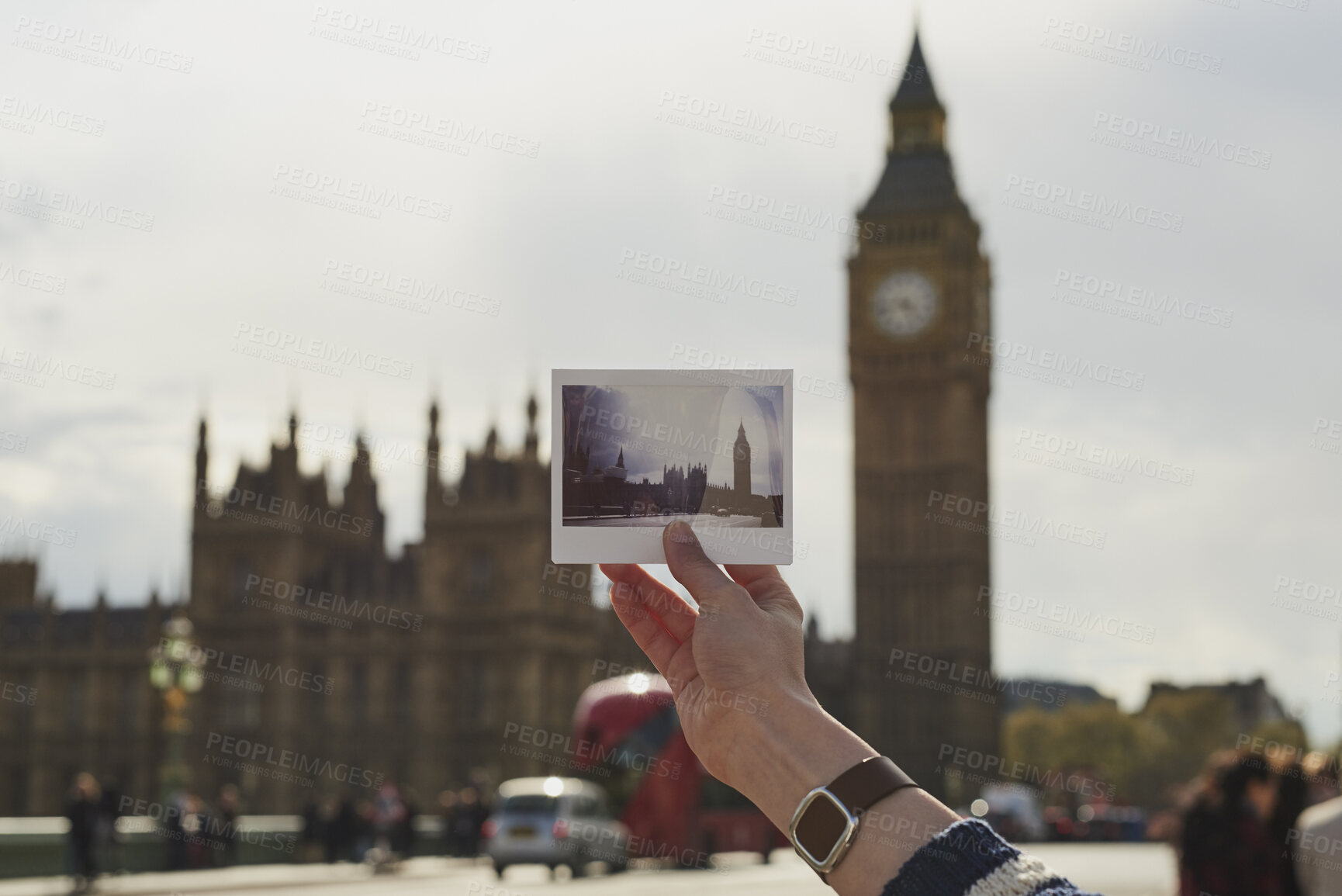 Buy stock photo City, tourism and hand with picture on holiday, sightseeing and tourist with memory on weekend trip. Outdoor, travel destination and person on vacation, space and traveler with photograph on getaway