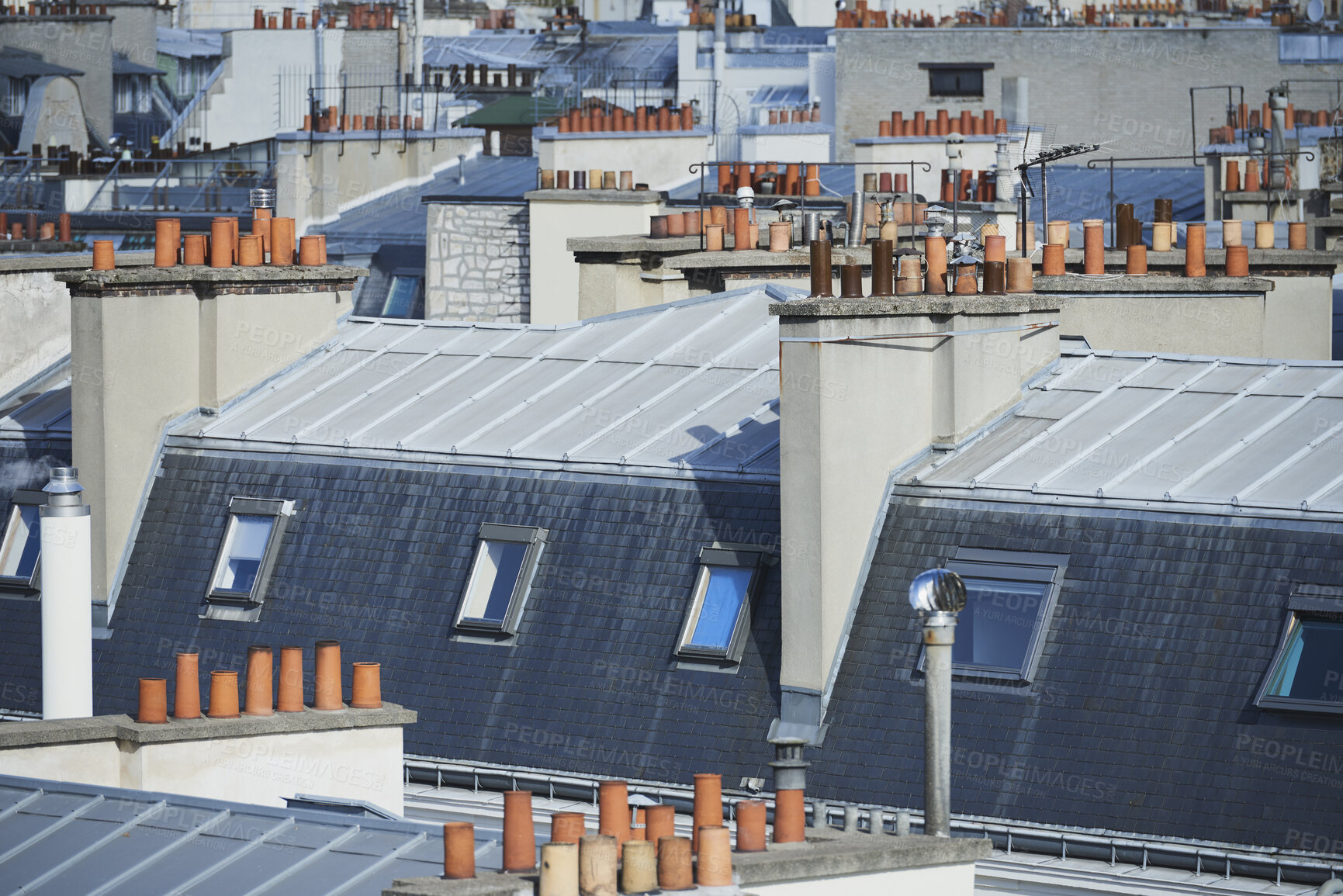 Buy stock photo Rooftop, buildings and city with windows, chimney and urban expansion on horizon in summer. Architecture, skyline and outdoor with infrastructure, structure and landscape with accommodation in town