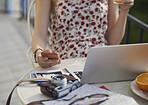 Travel blog woman hotel paris working on vacation laptop smart phone communication on social media camera polaroid