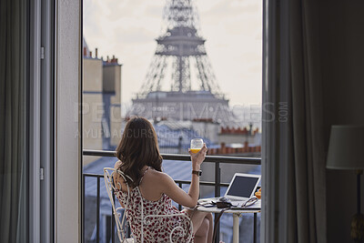 Buy stock photo Travel, juice or woman at hotel with Eiffel Tower, trip mindset or mindfulness on summer vacation. Back, monument or person on balcony with drink, peaceful perspective or holiday reflection in France